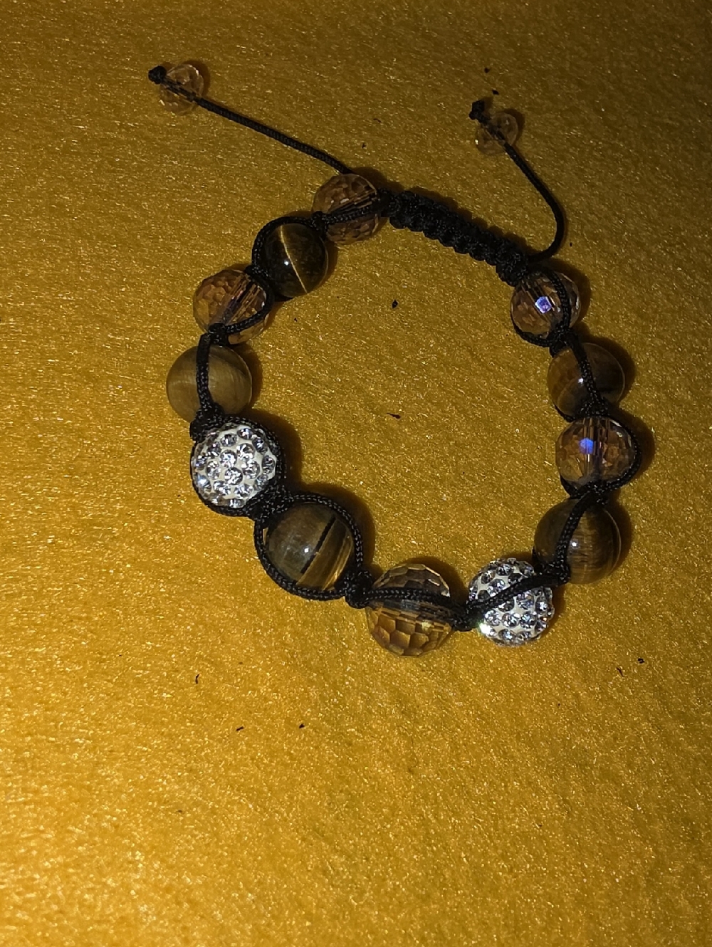 Adjustable Tiger Eye Beaded Bracelet with Crystal Accent - Brown